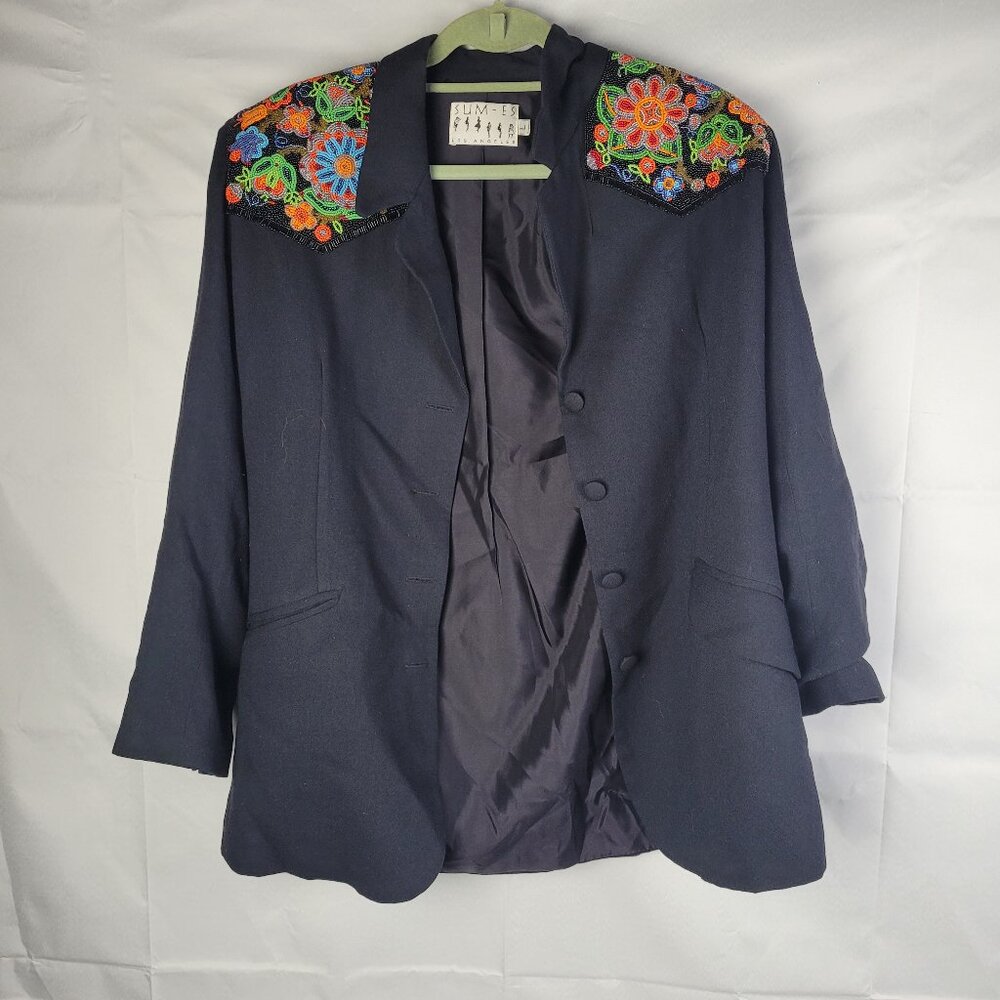 Vintage 90s Black Bead Shoulders Pockets, Hippy Businesscore Sz L Blazer Jacket